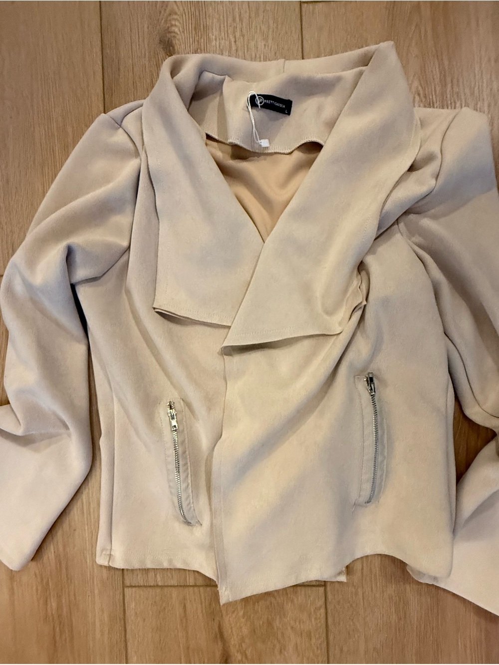 PrettyGarden Beige Faux Suede Draped Moto Jacket Size L